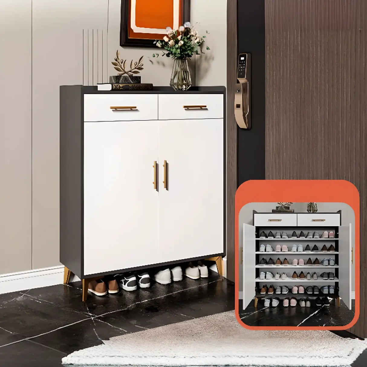 Modern Two-Door Wood Hallway White Large Shoe Cabinet Image - 13