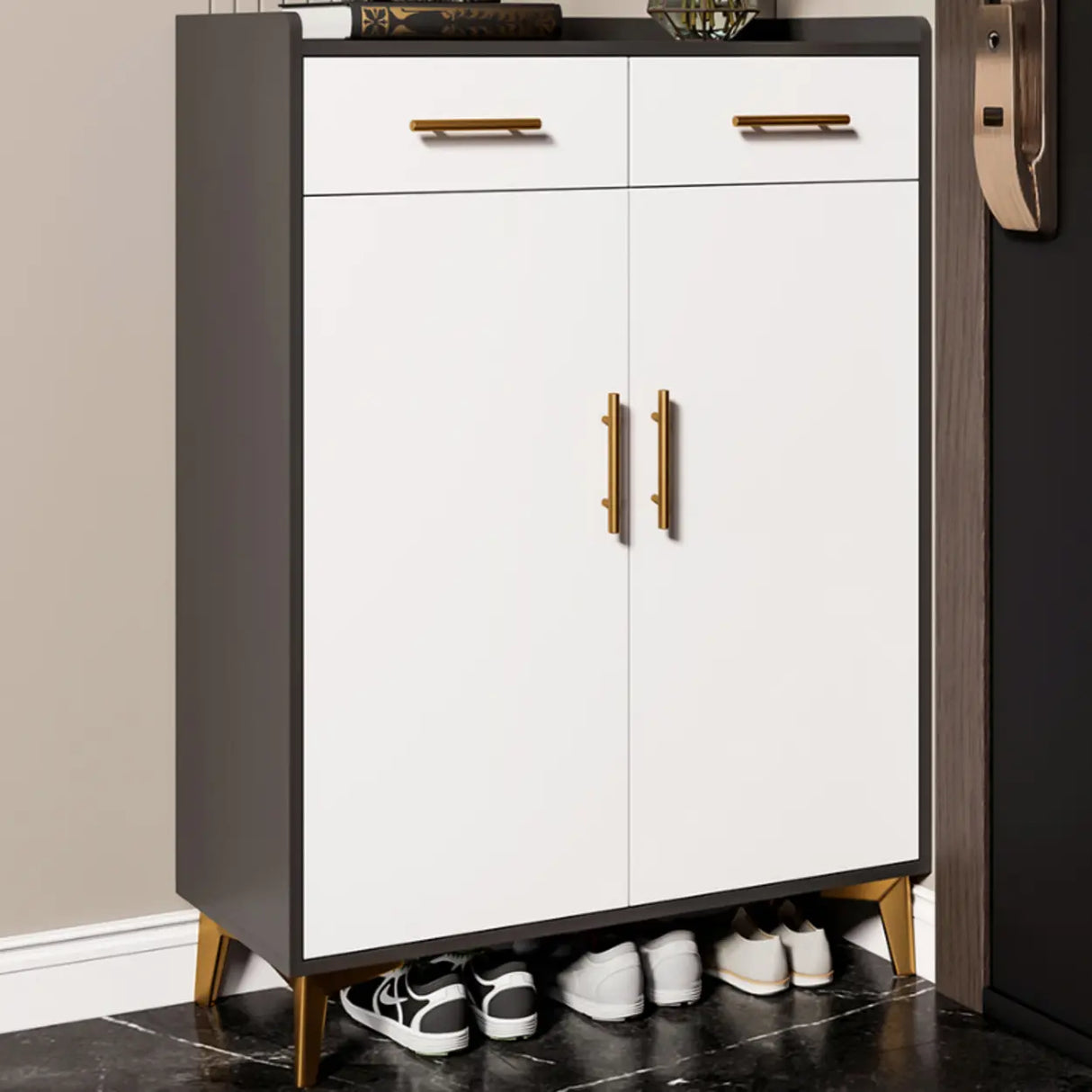 Modern Two-Door Wood Hallway White Large Shoe Cabinet Image - 1