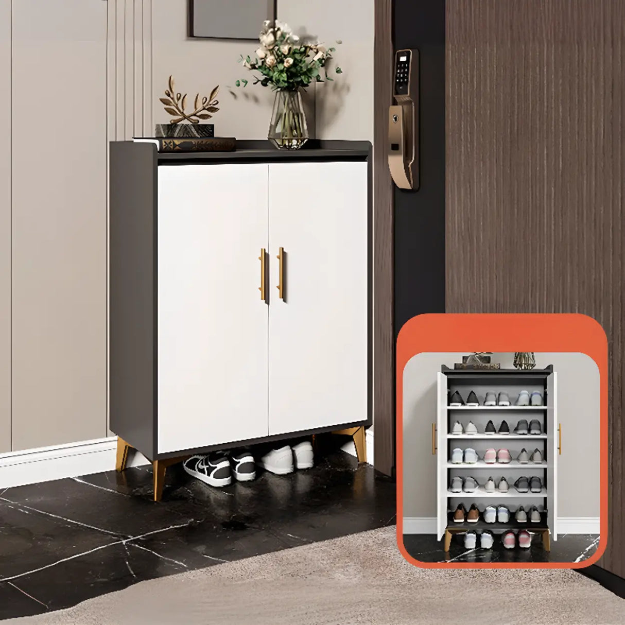 Modern Two-Door Wood Hallway White Large Shoe Cabinet Image - 3