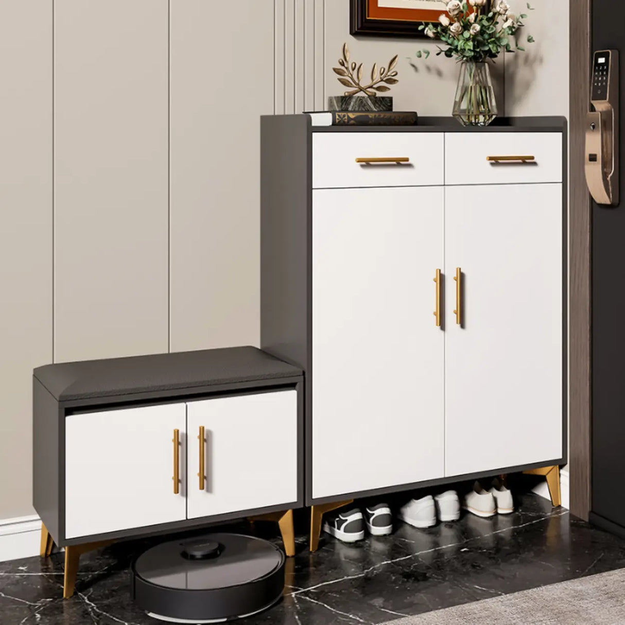 Modern Two-Door Wood Hallway White Large Shoe Cabinet Image - 4