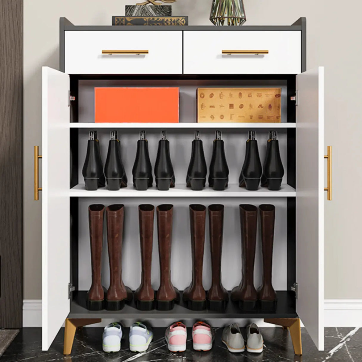 Modern Two-Door Wood Hallway White Large Shoe Cabinet Image - 6