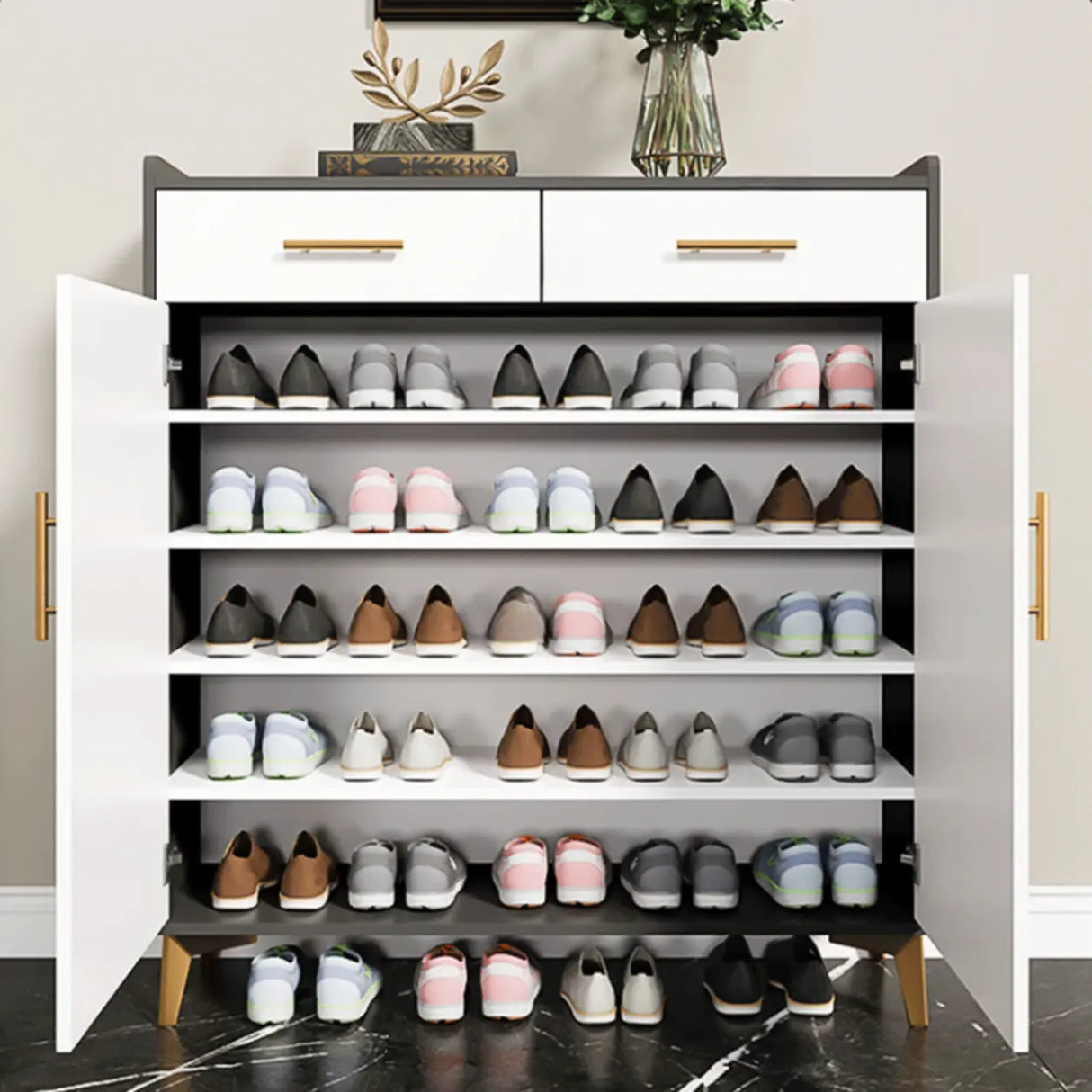 Modern Two-Door Wood Hallway White Large Shoe Cabinet Image - 8