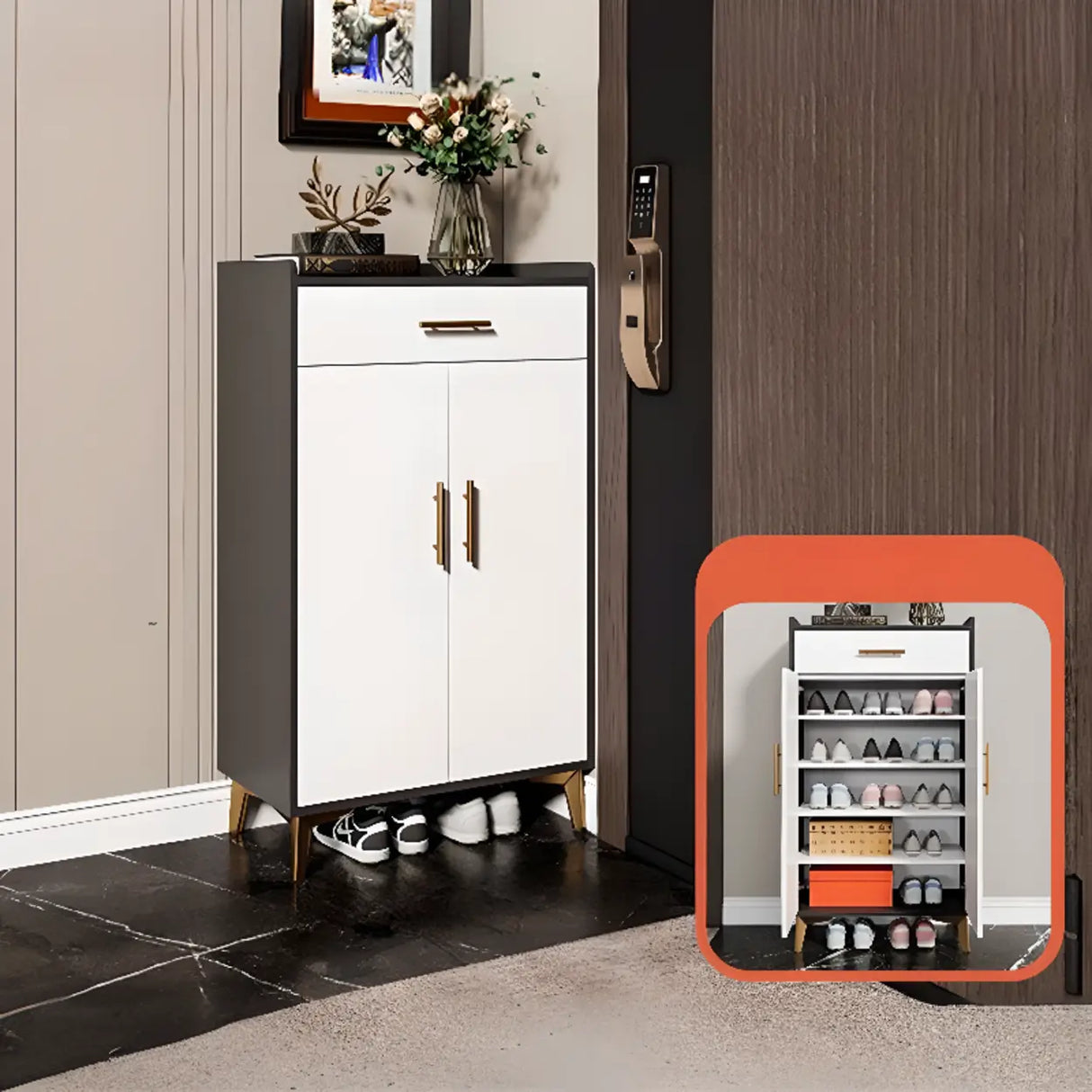 Modern Two-Door Wood Hallway White Large Shoe Cabinet Image - 9