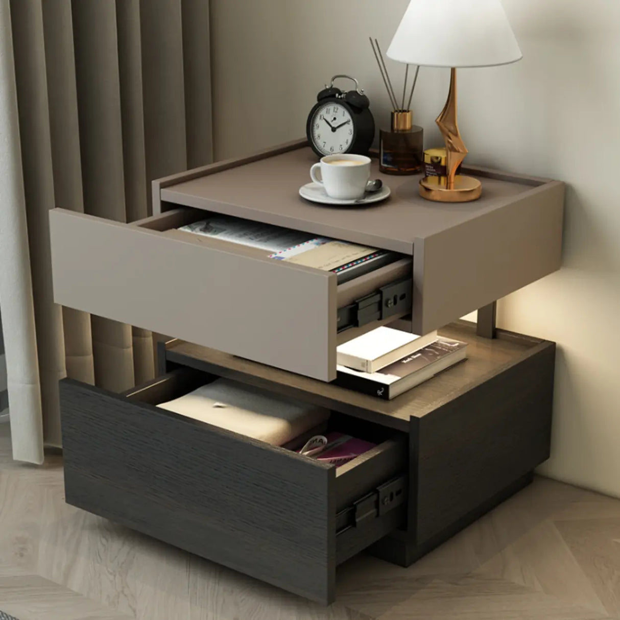 Modern Two-Tone Nightstand with Dual Drawers and LED Light Image - 1
