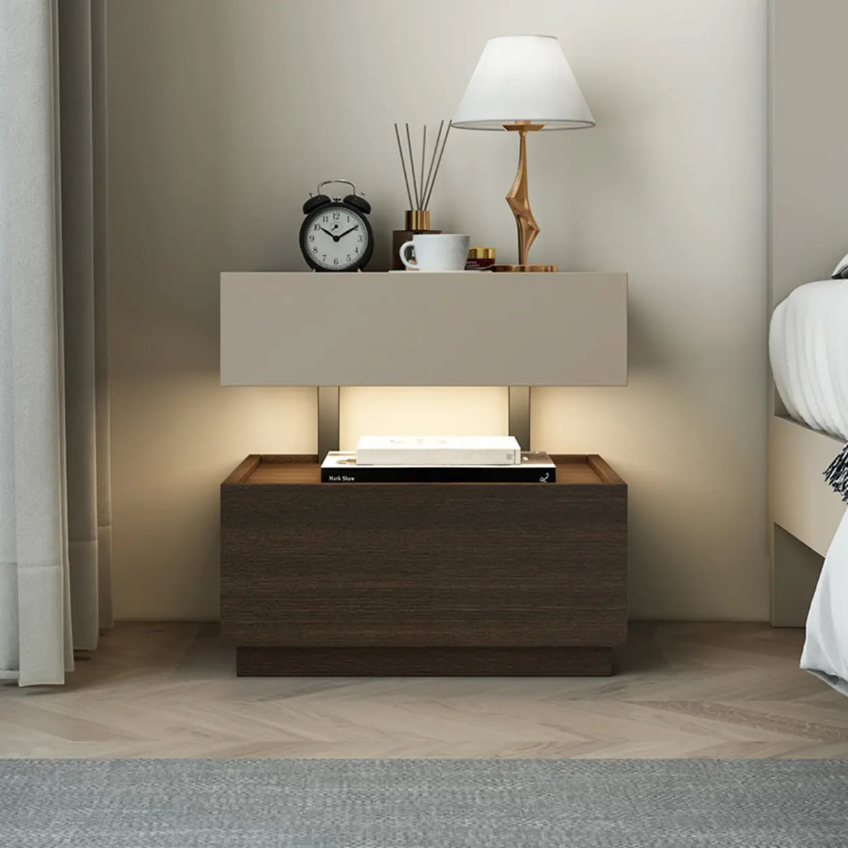 Modern Two-Tone Nightstand with Dual Drawers and LED Light Image - 10