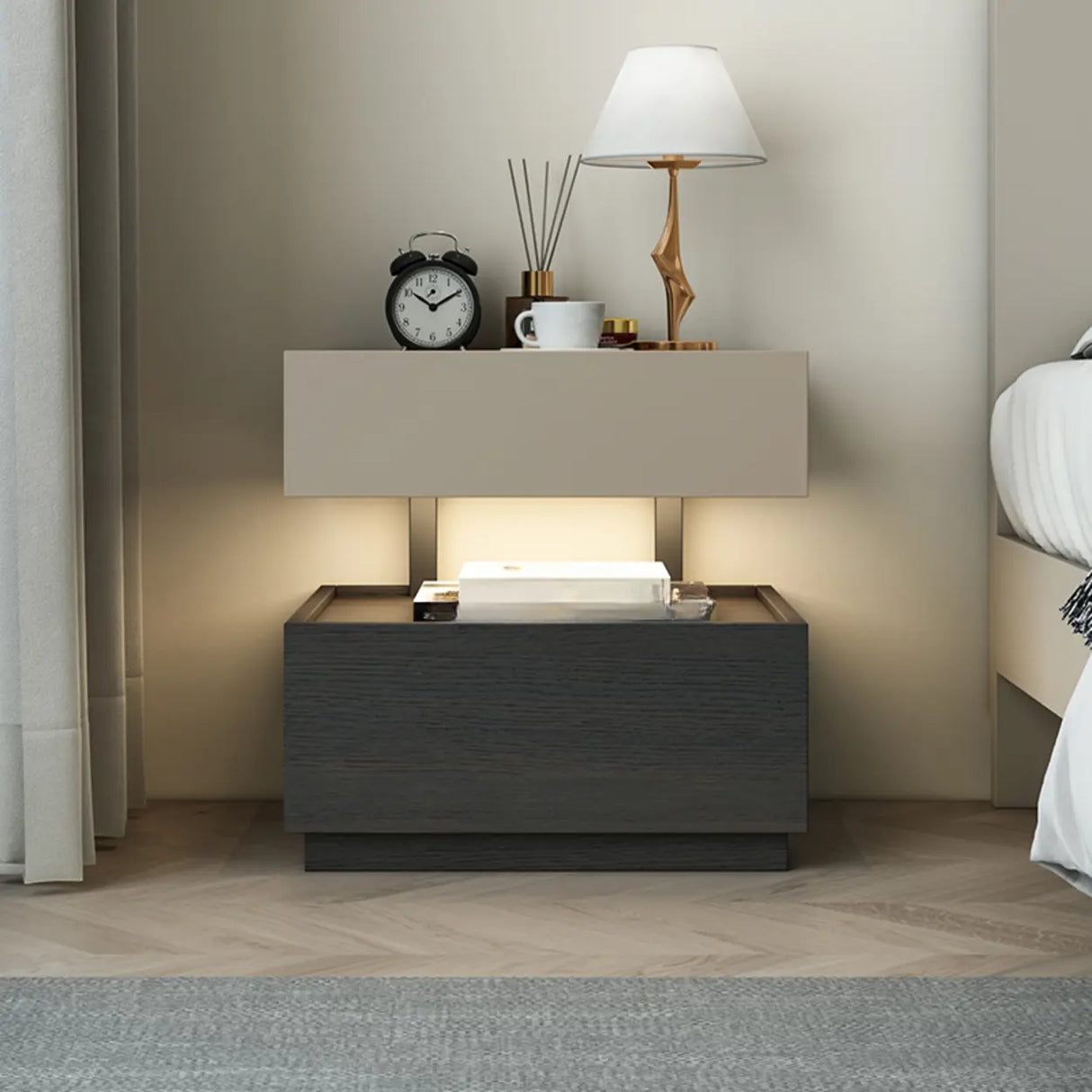 Modern Two-Tone Nightstand with Dual Drawers and LED Light Image - 2