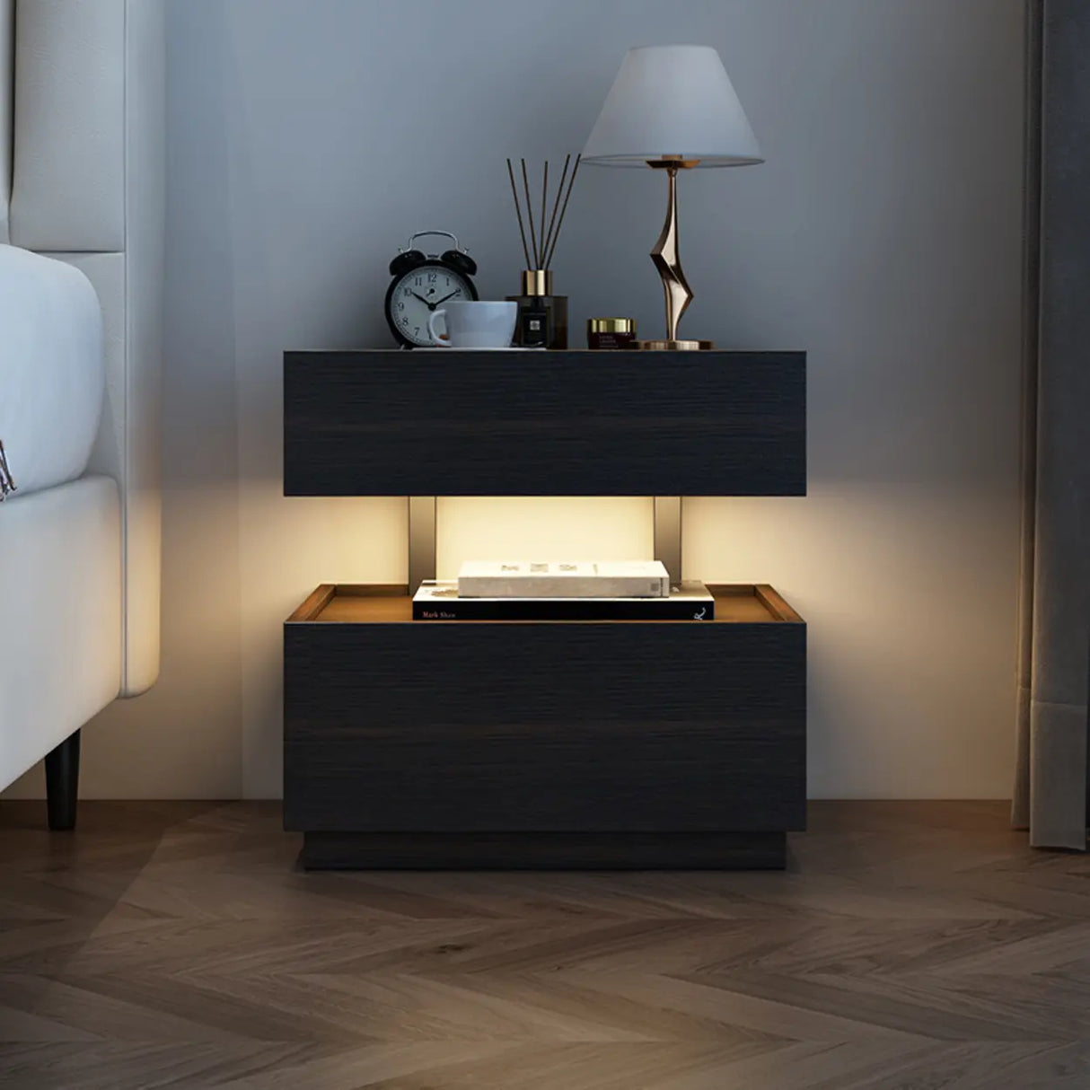 Modern Two-Tone Nightstand with Dual Drawers and LED Light Image - 3