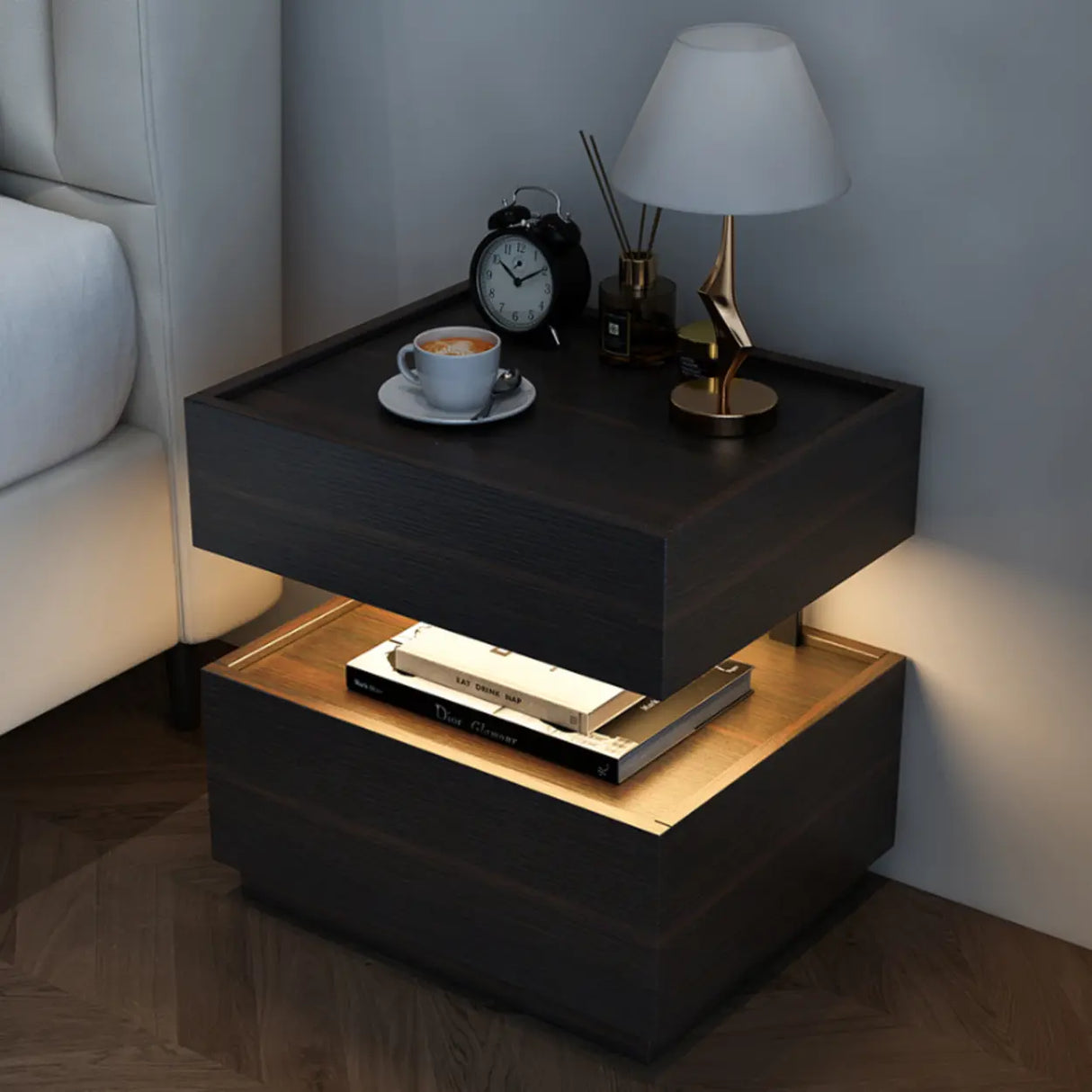 Modern Two-Tone Nightstand with Dual Drawers and LED Light Image - 4