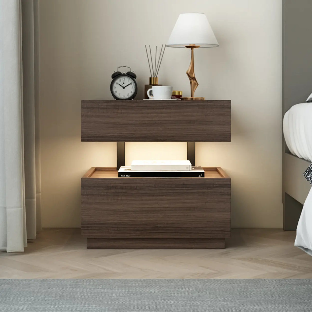 Modern Two-Tone Nightstand with Dual Drawers and LED Light Image - 5