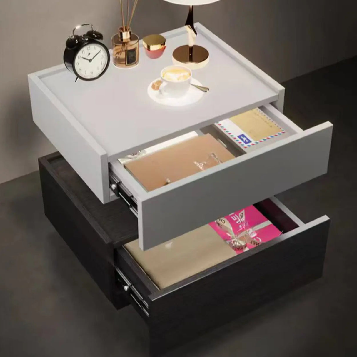 Modern Two-Tone Nightstand with Dual Drawers and LED Light Image - 6