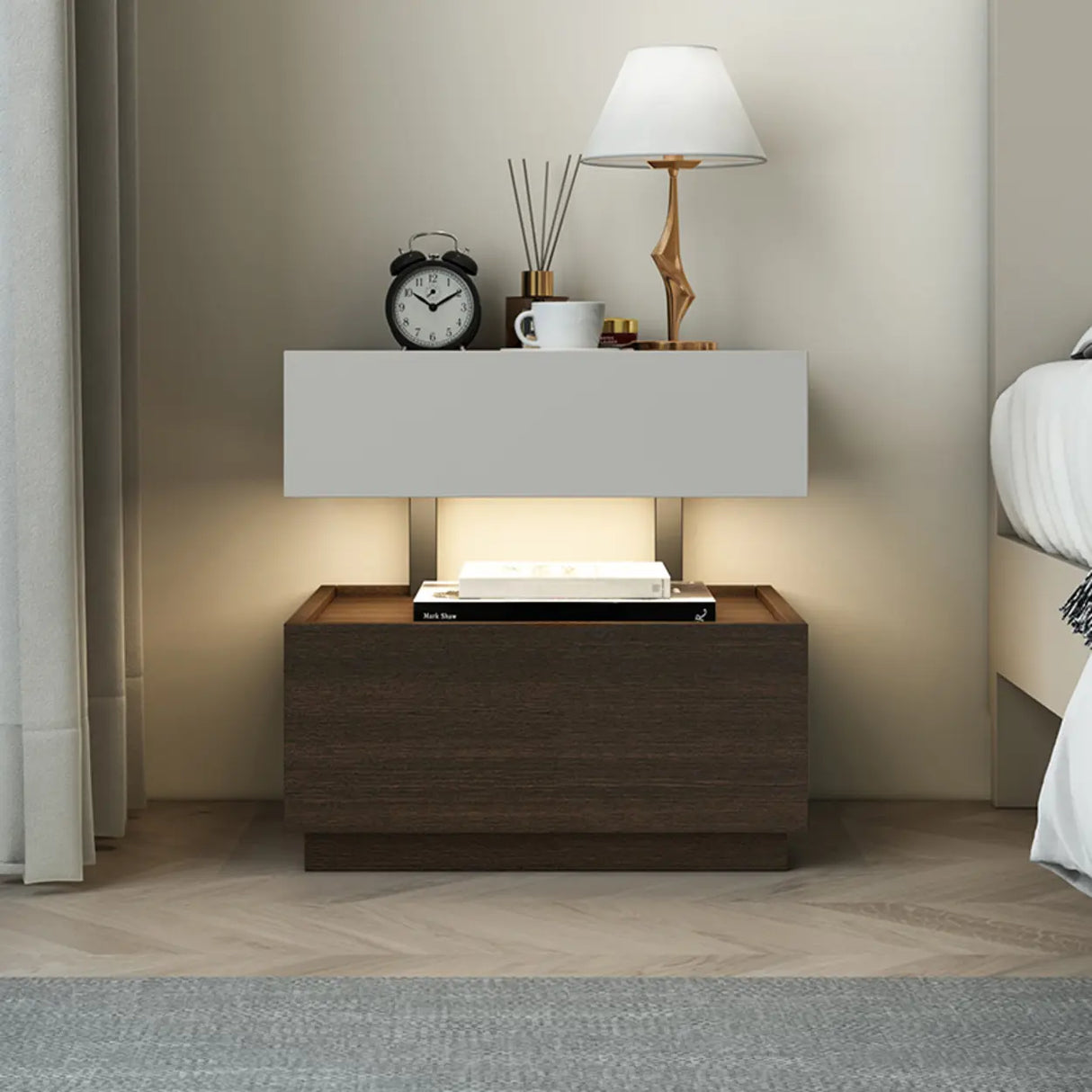 Modern Two-Tone Nightstand with Dual Drawers and LED Light Image - 7