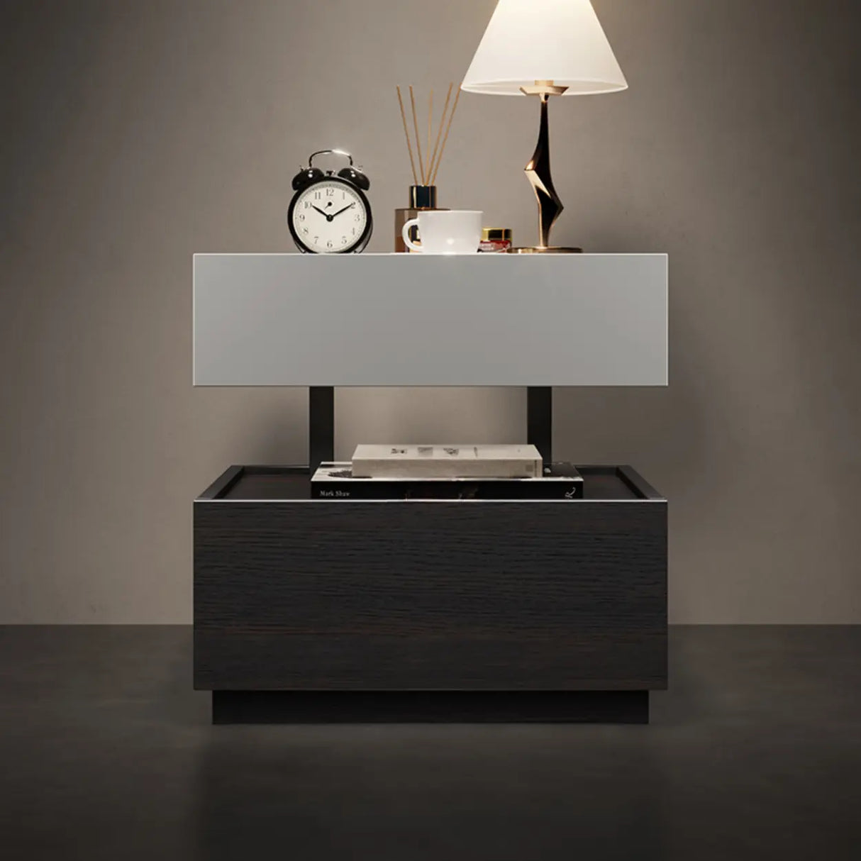 Modern Two-Tone Nightstand with Dual Drawers and LED Light Image - 9