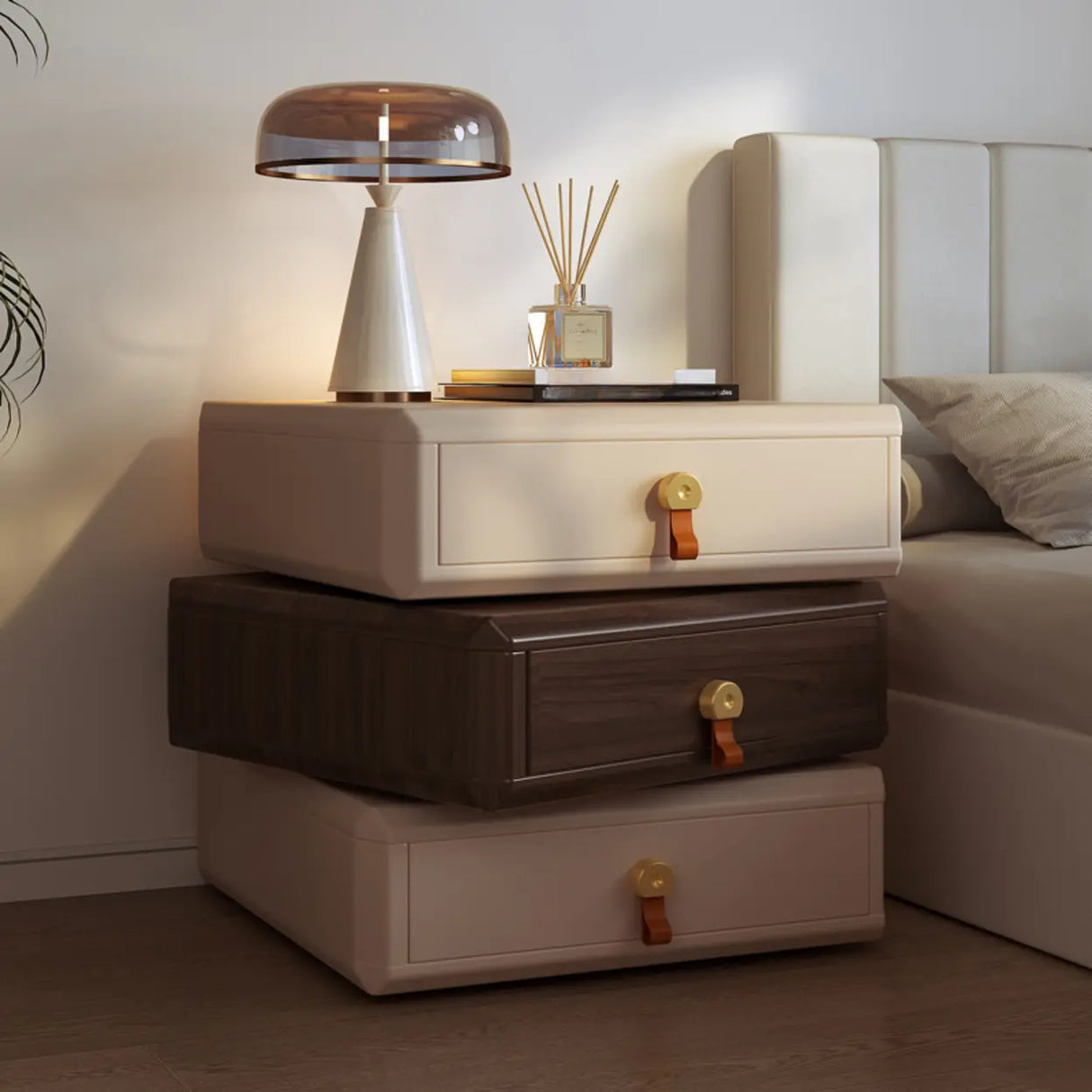Modern Unique Stacked Swivel Wood Nightstand with Drawers Image - 1