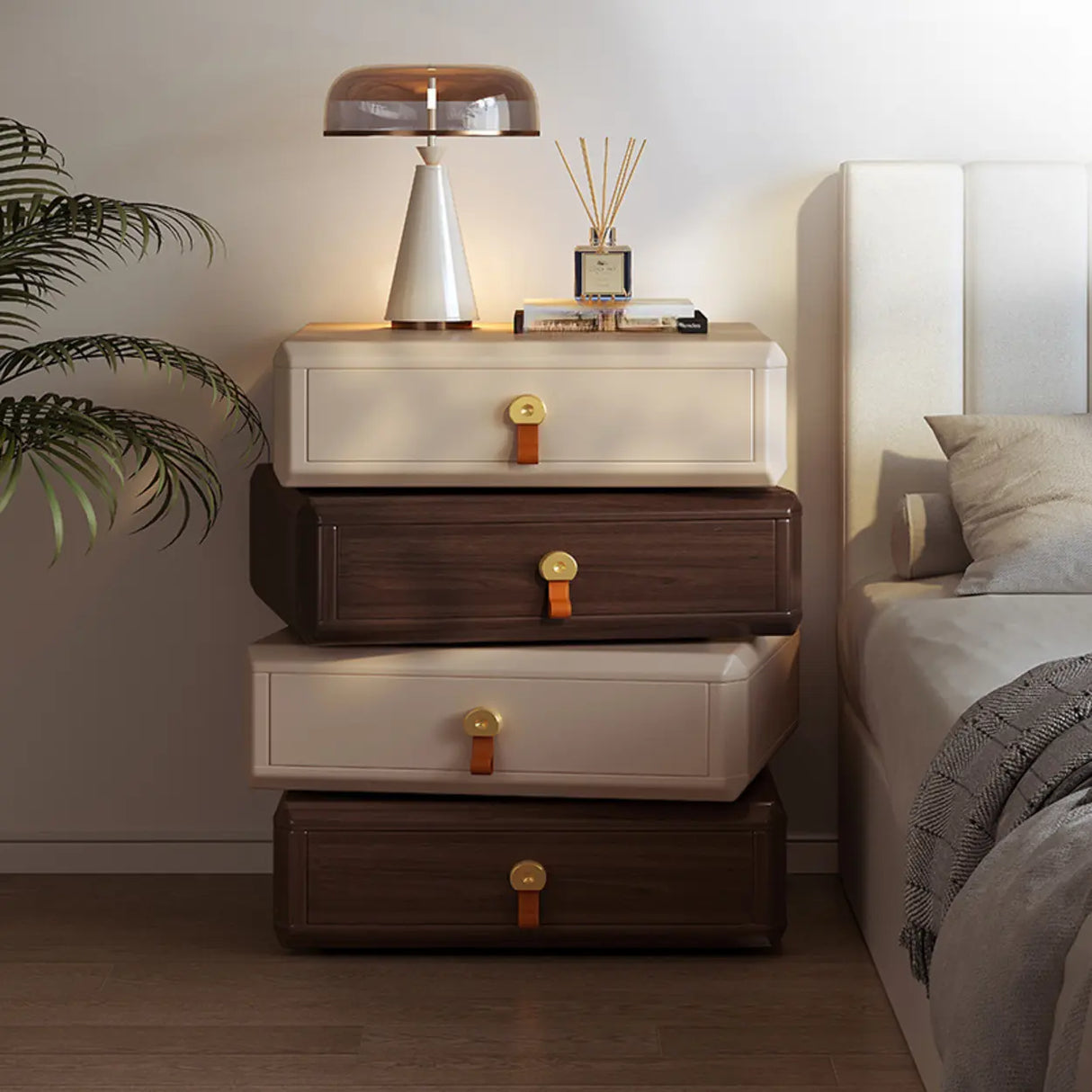 Modern Unique Stacked Swivel Wood Nightstand with Drawers Image - 2