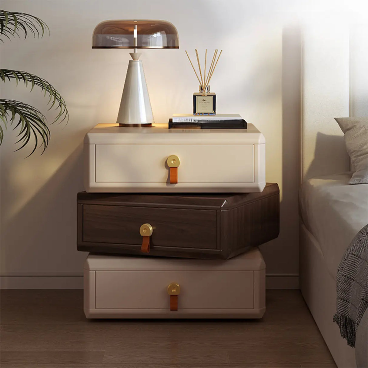 Modern Unique Stacked Swivel Wood Nightstand with Drawers Image - 3
