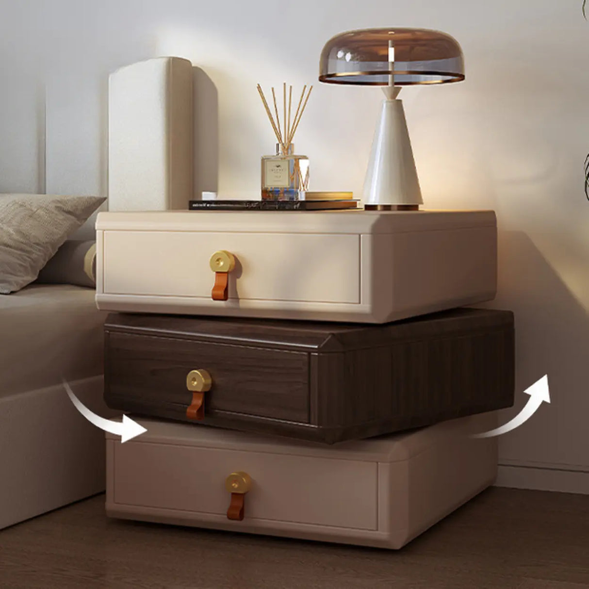 Modern Unique Stacked Swivel Wood Nightstand with Drawers Image - 4