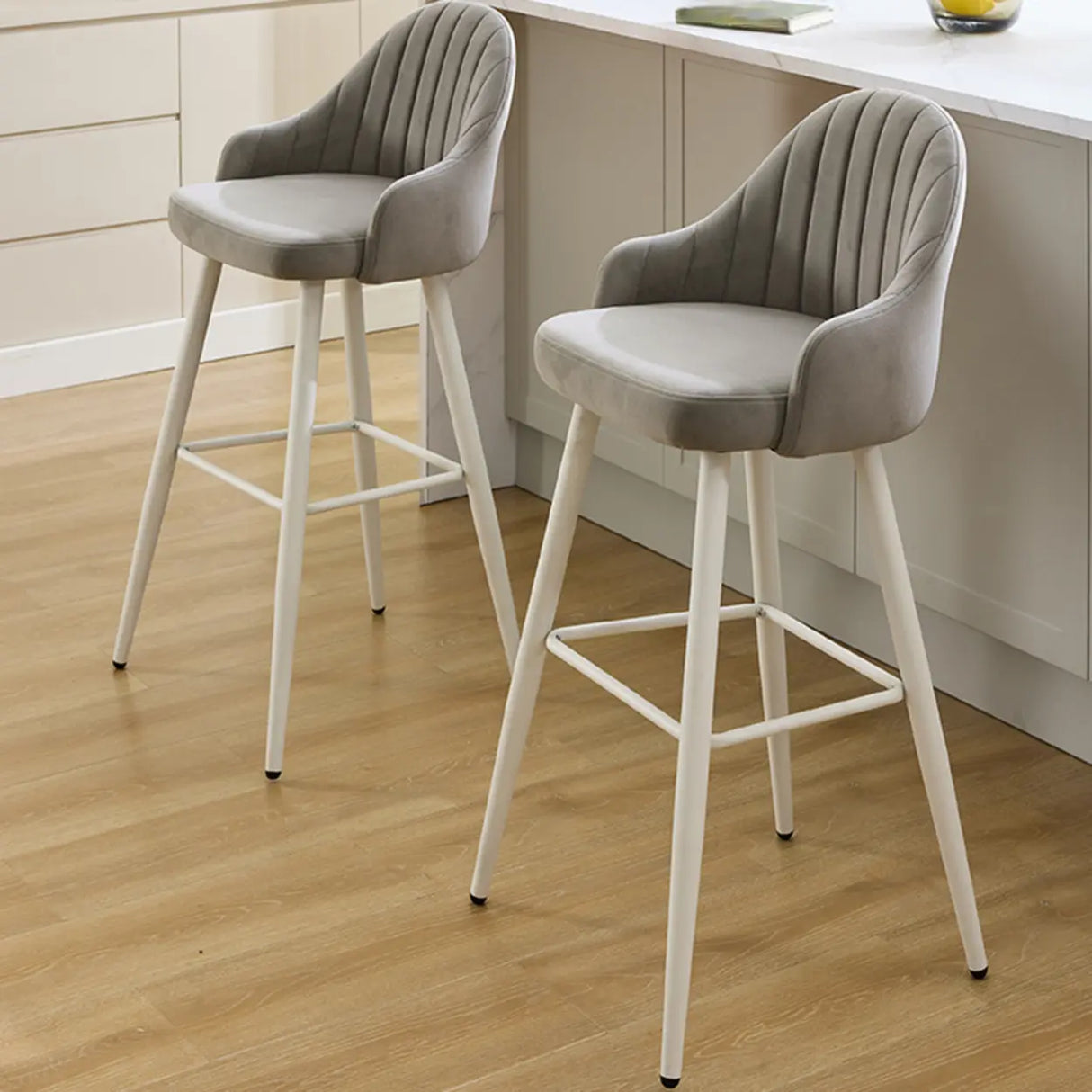 Modern Upholstered Apricot Rectangular Bar Stools with Arms Image - 4
