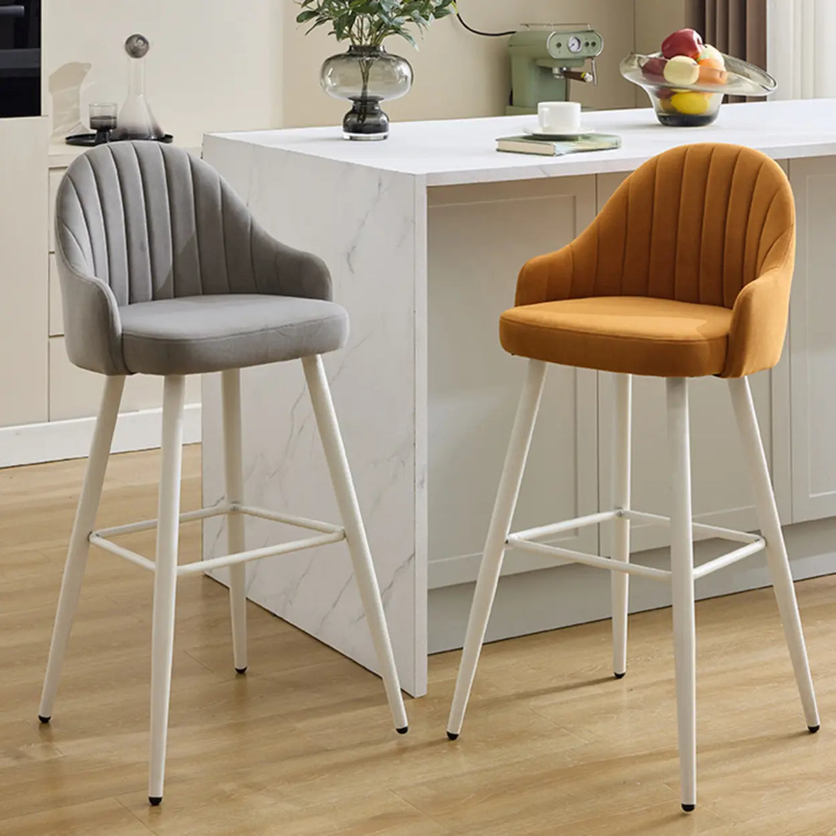 Modern Upholstered Apricot Rectangular Bar Stools with Arms Image - 5