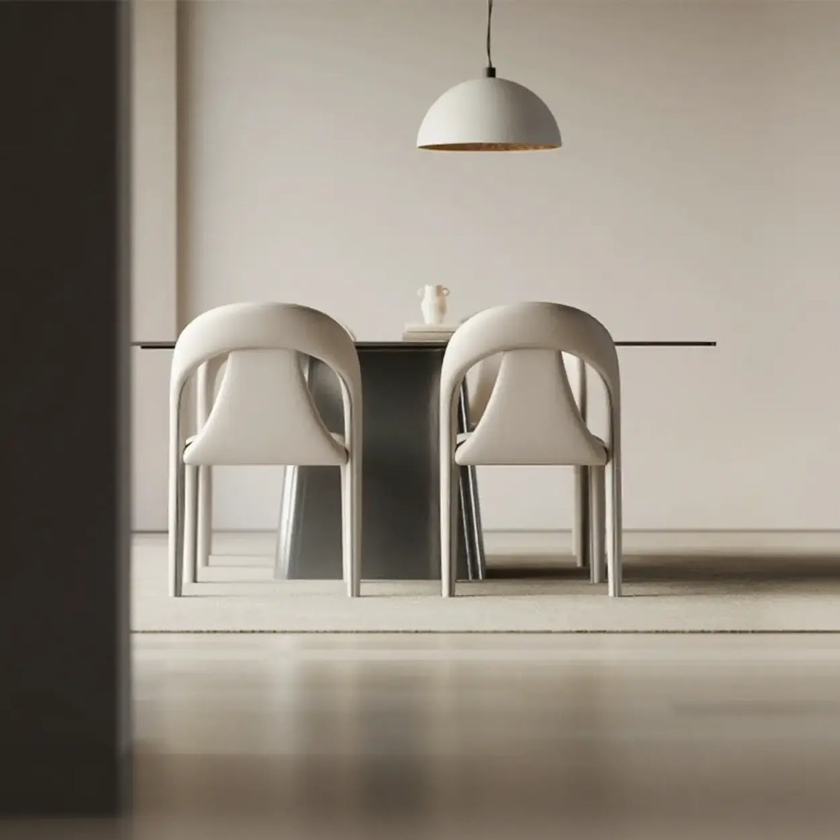 Modern Upholstered Leather Curved Back Off-White Dining Chair Image - 4