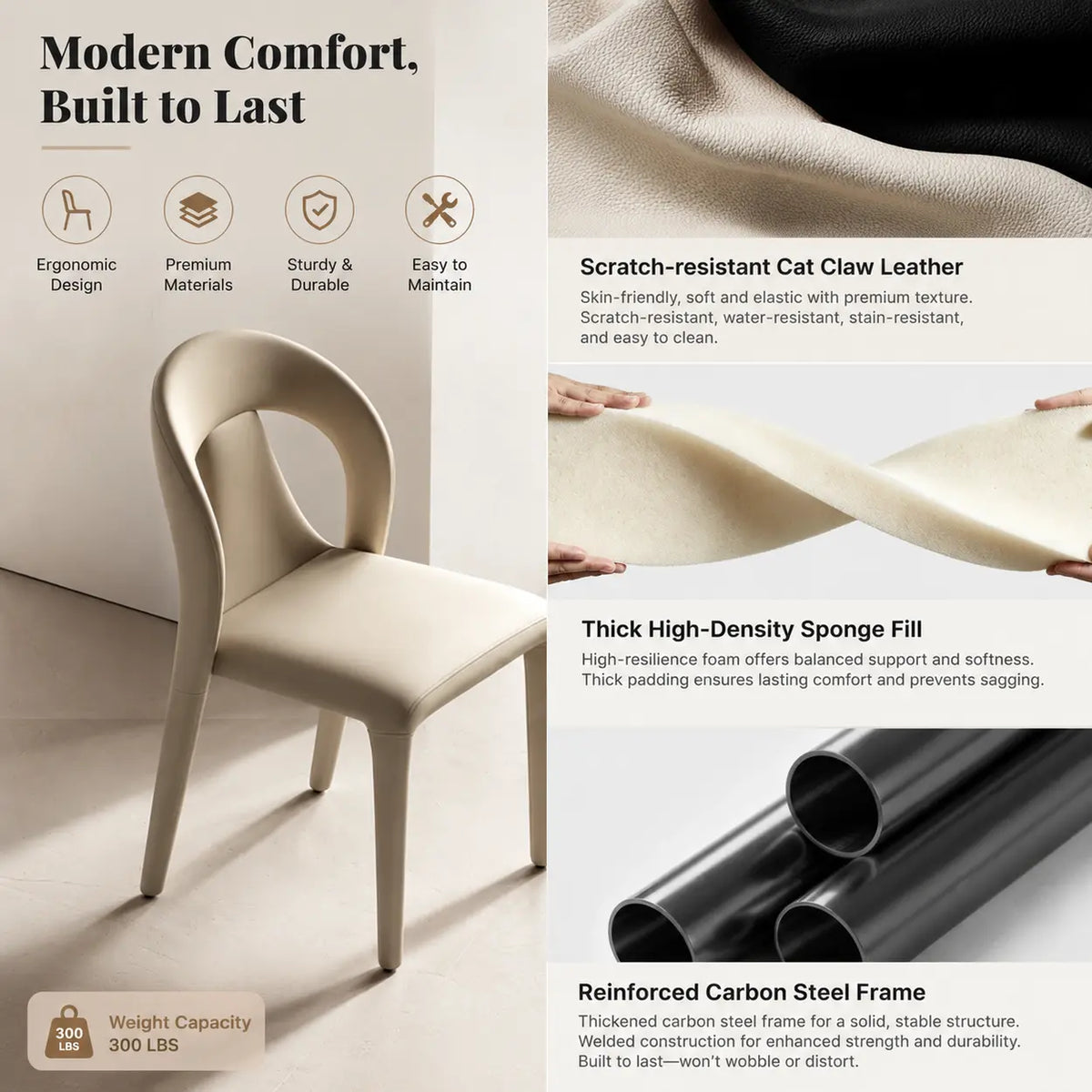 Modern Upholstered Leather Curved Back Off-White Dining Chair Image - 5