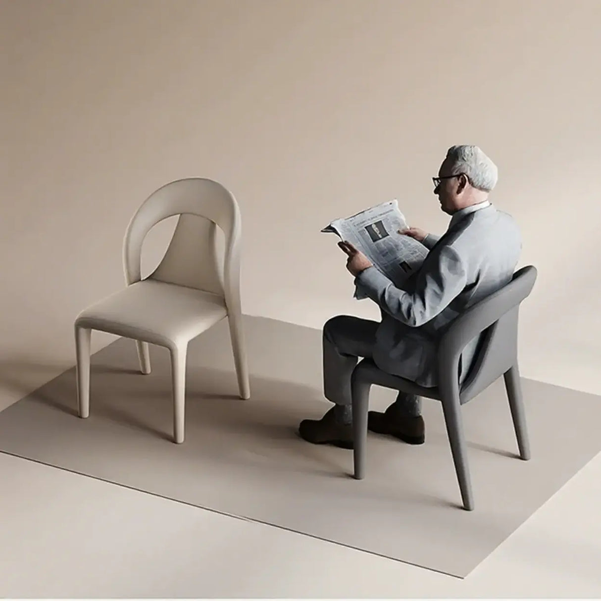 Modern Upholstered Leather Curved Back Off-White Dining Chair Image - 6