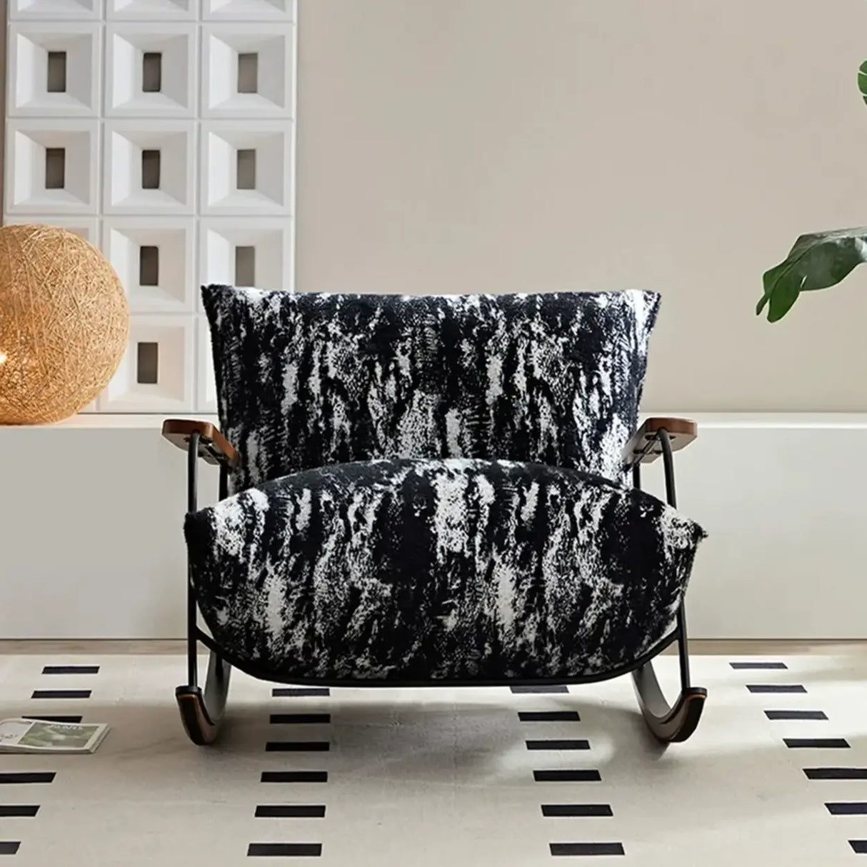Modern Upholstered Metal Frame Rubber Wood Sled Rocking Chair Image - 4