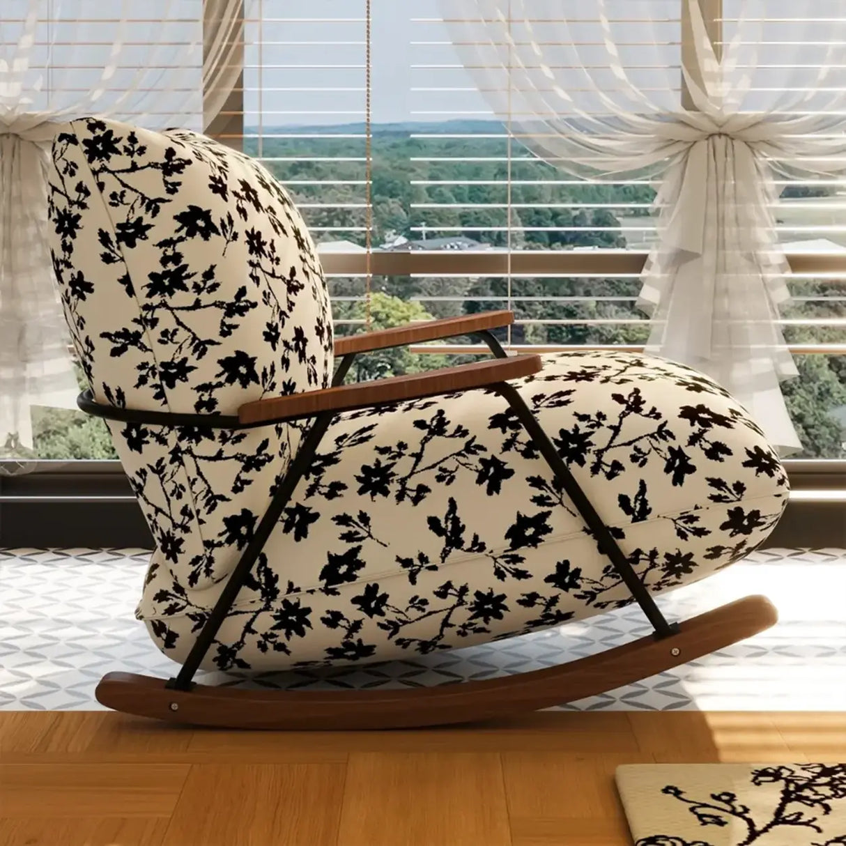Modern Upholstered Metal Frame Rubber Wood Sled Rocking Chair Image - 7
