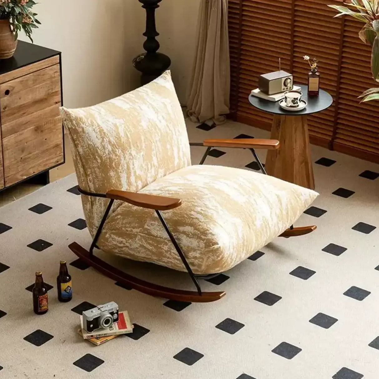 Modern Upholstered Metal Frame Rubber Wood Sled Rocking Chair Image - 8