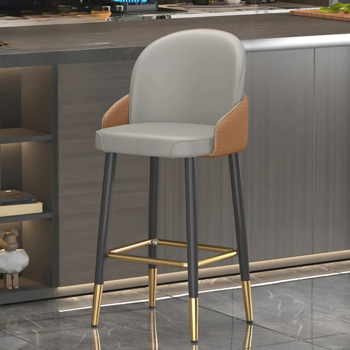 Modern Upholstered Swivel Leather Bar Stool with Metal Legs Image - 10