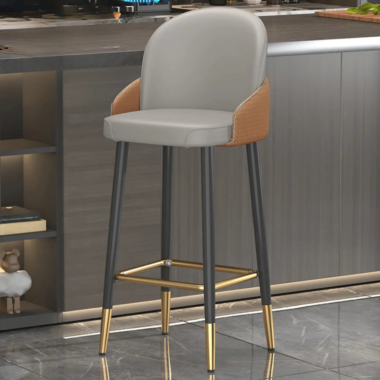 Modern Upholstered Swivel Leather Bar Stool with Metal Legs Image - 15
