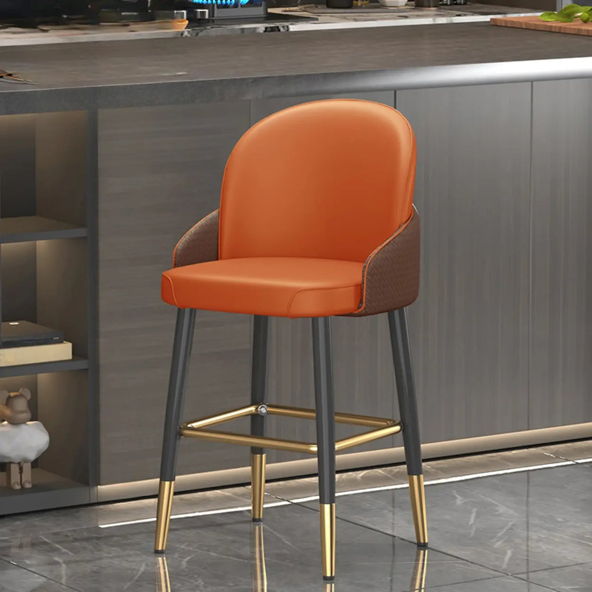 Modern Upholstered Swivel Leather Bar Stool with Metal Legs Image - 16
