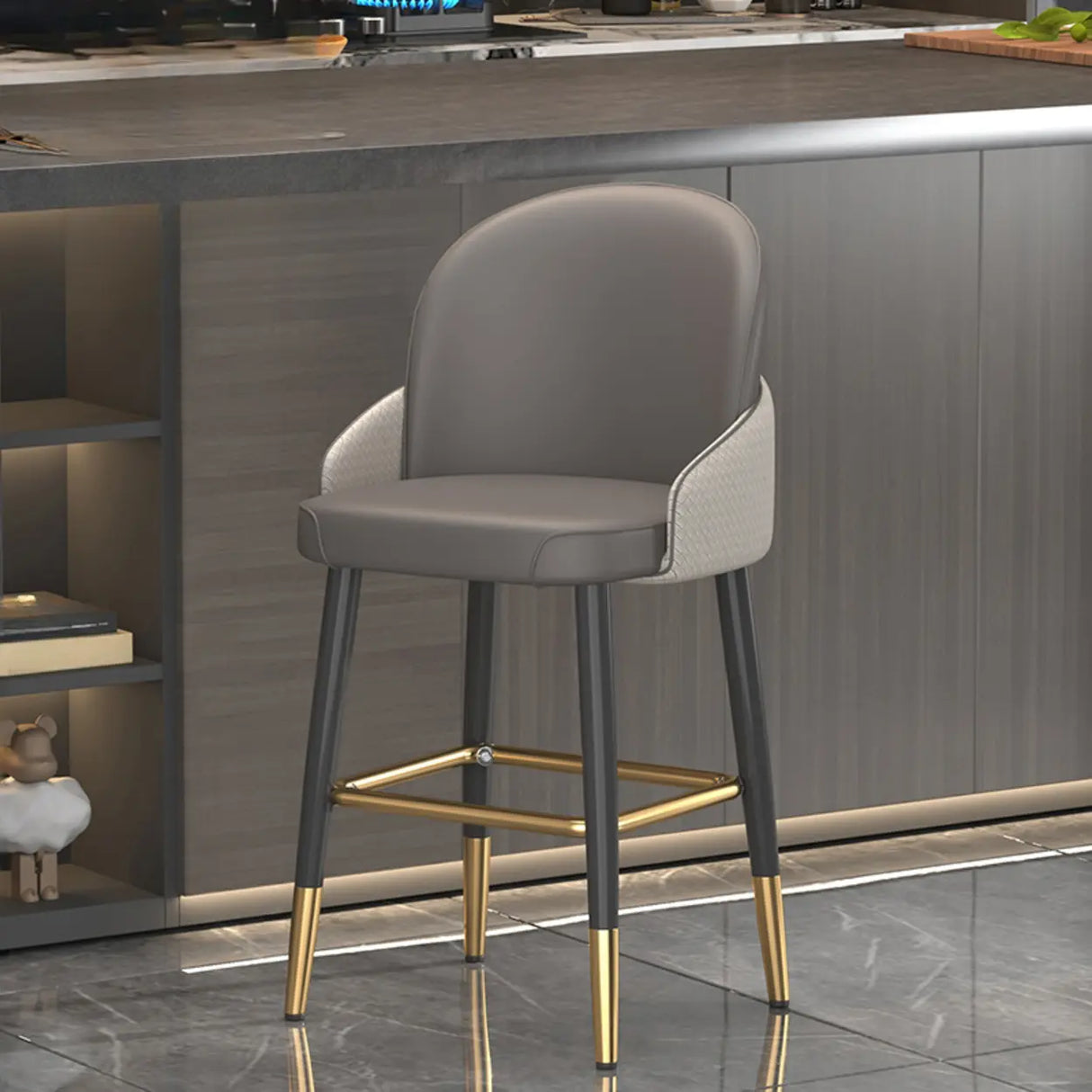 Modern Upholstered Swivel Leather Bar Stool with Metal Legs Image - 17