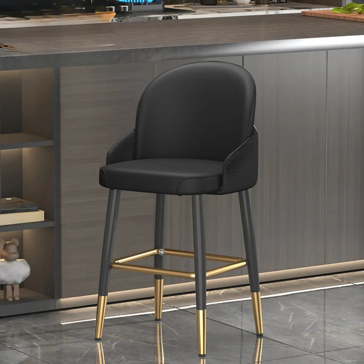 Modern Upholstered Swivel Leather Bar Stool with Metal Legs Image - 19