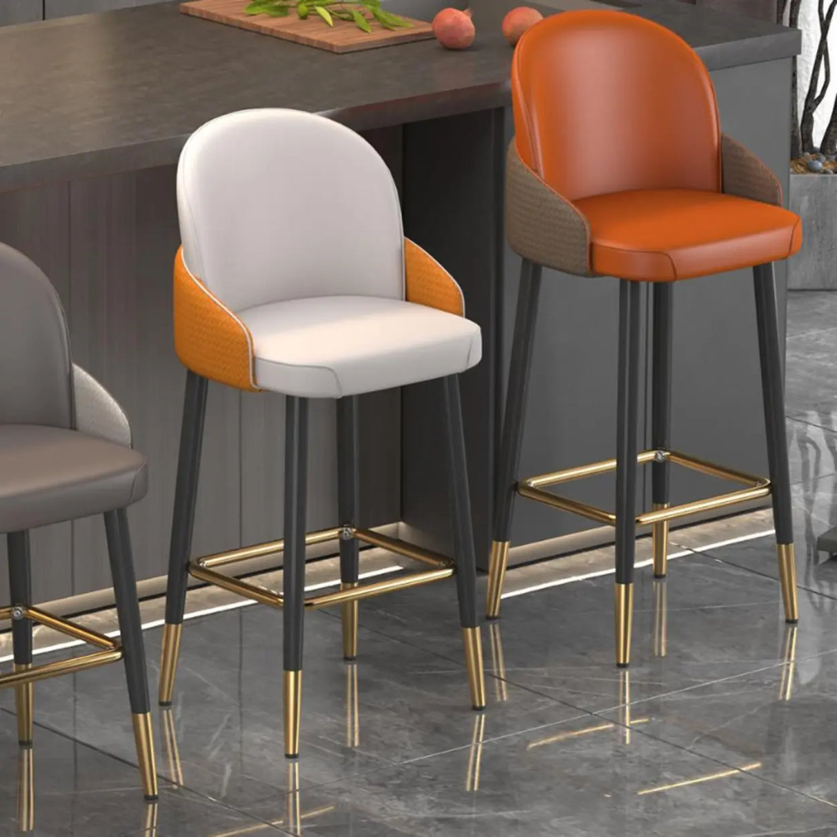 Modern Upholstered Swivel Leather Bar Stool with Metal Legs Image - 4