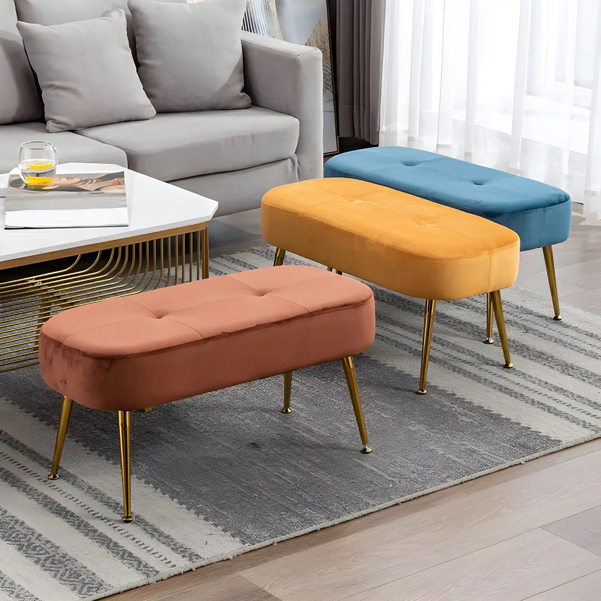 Modern Velvet Ottoman Bench with Gold Metal Legs, Set of 3 Image - 1