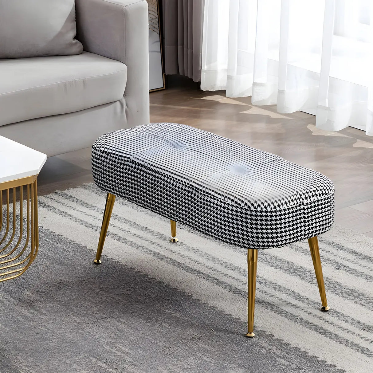 Modern Velvet Ottoman Bench with Gold Metal Legs, Set of 3 Image - 2