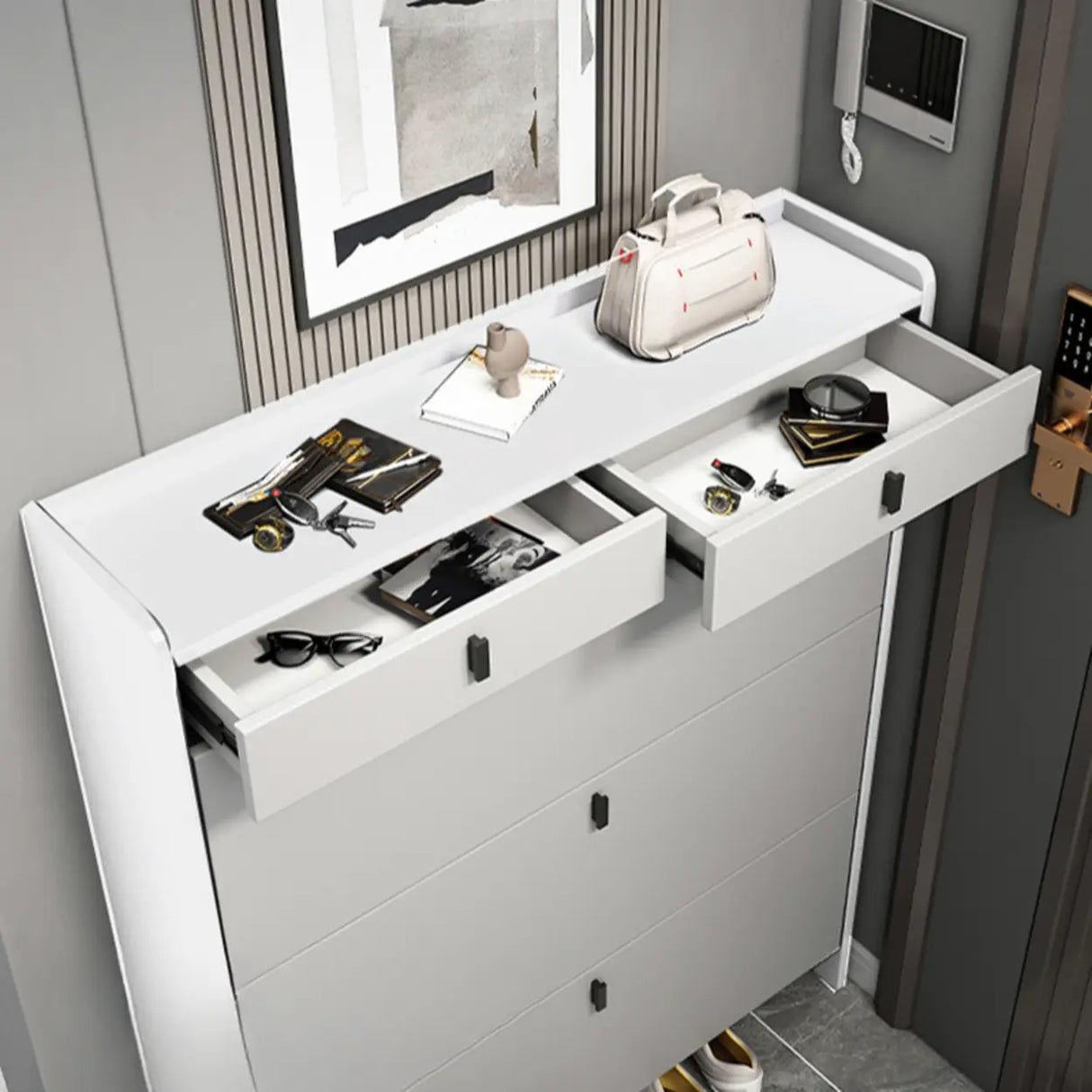 Modern Vertical MDF Hallway White Large Shoe Storage Unit Image - 11