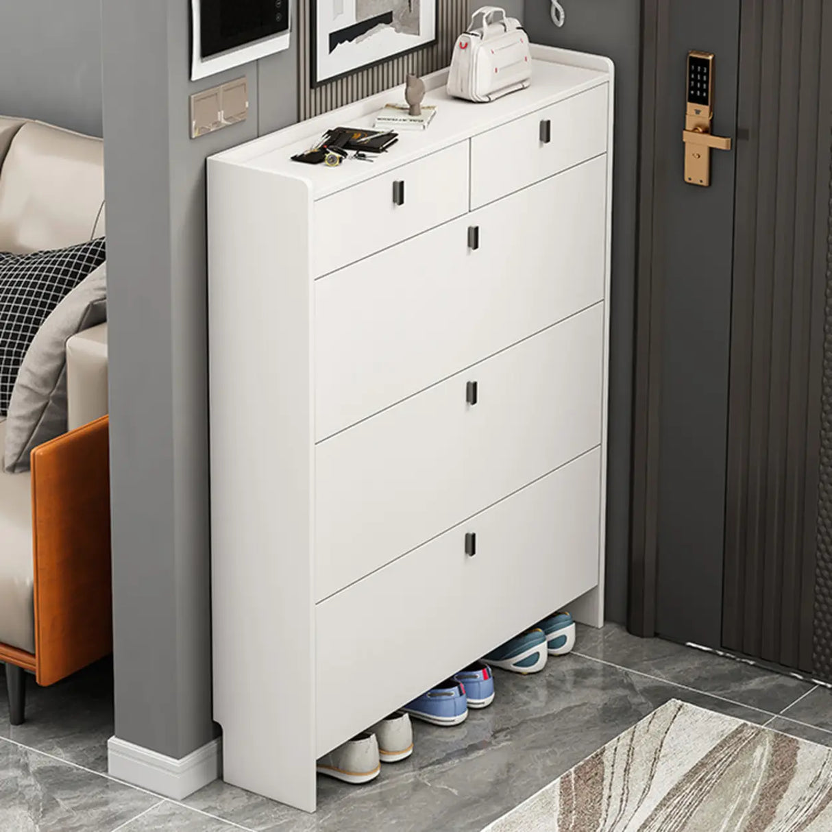 Modern Vertical MDF Hallway White Large Shoe Storage Unit Image - 4