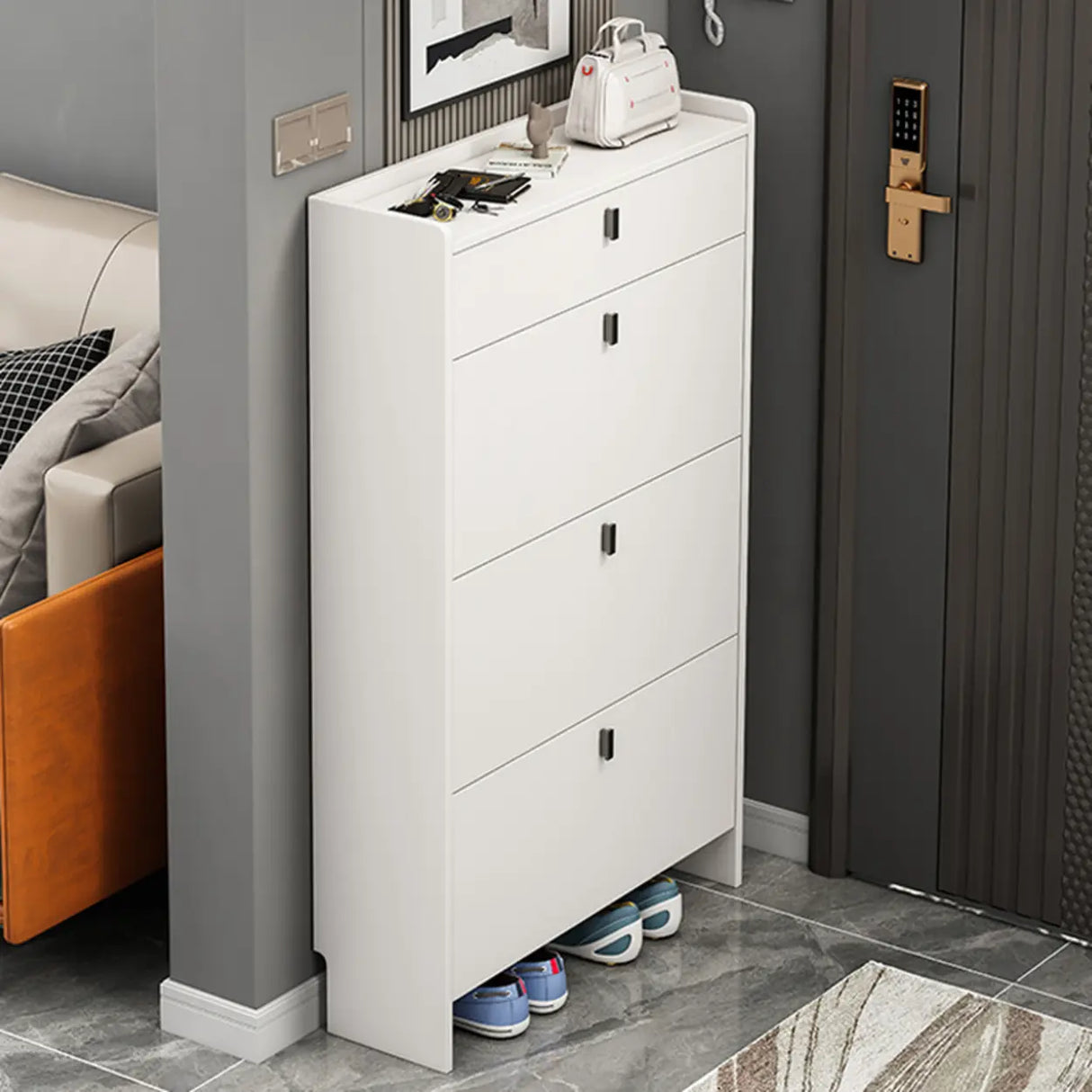 Modern Vertical MDF Hallway White Large Shoe Storage Unit Image - 6