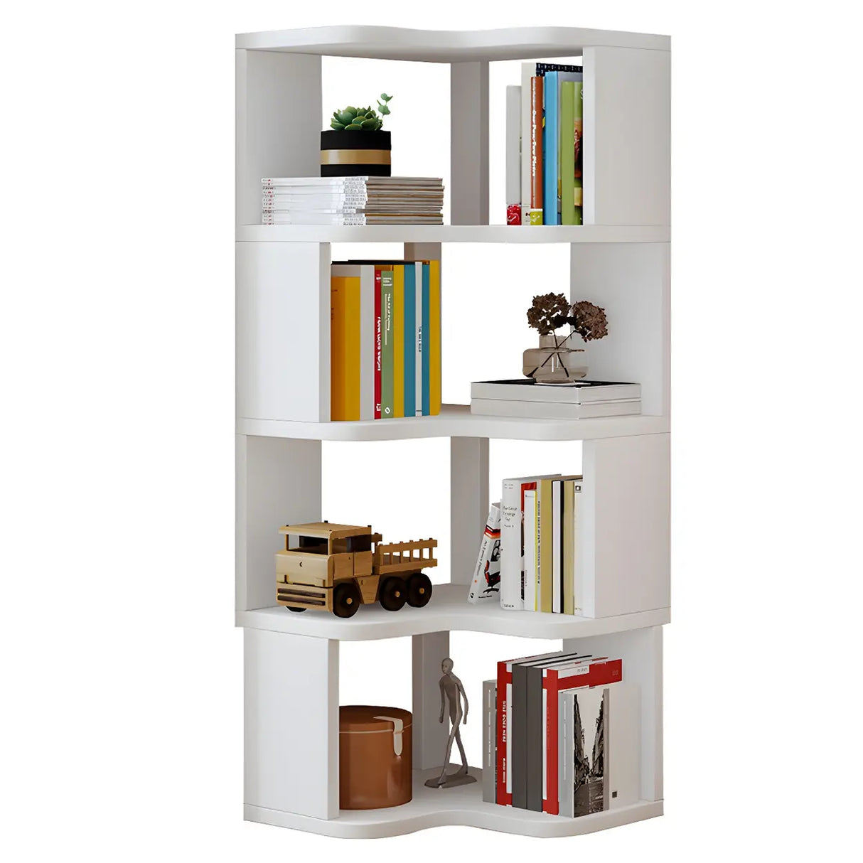 Modern Vertical Open Shelves Wood Corner Bookcase Image - 10