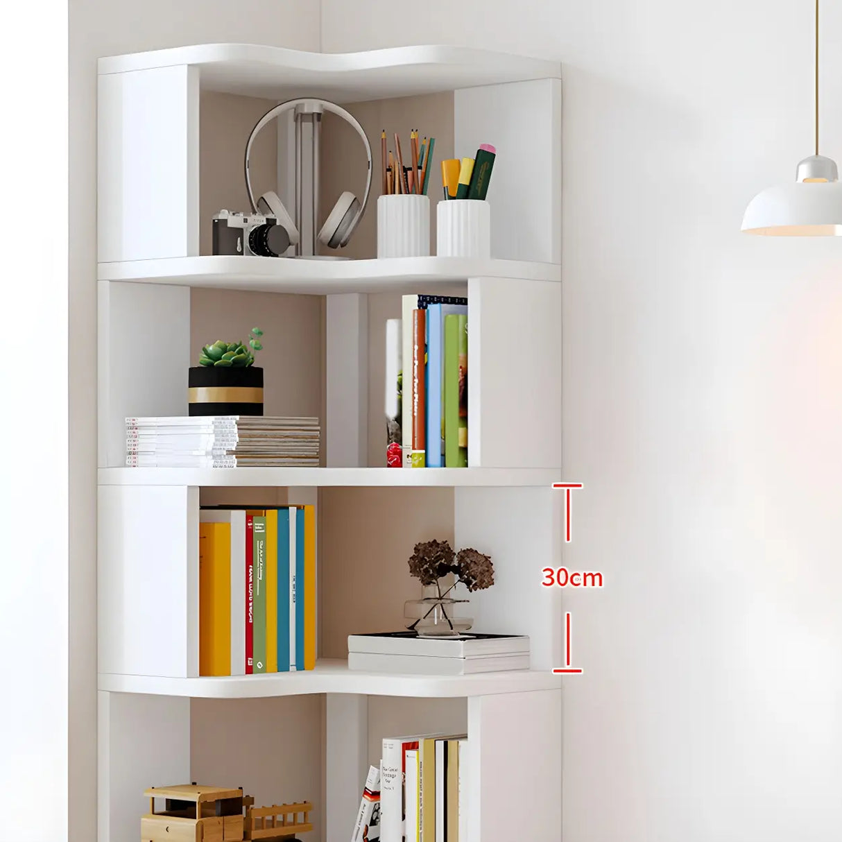 Modern Vertical Open Shelves Wood Corner Bookcase Image - 11