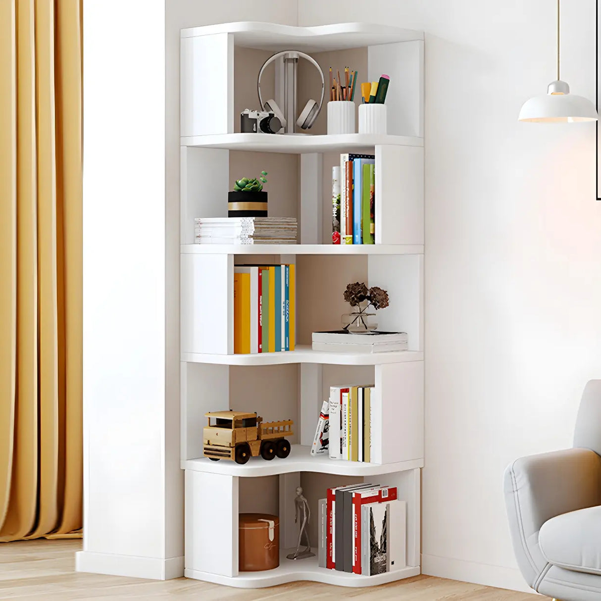 Modern Vertical Open Shelves Wood Corner Bookcase Image - 12
