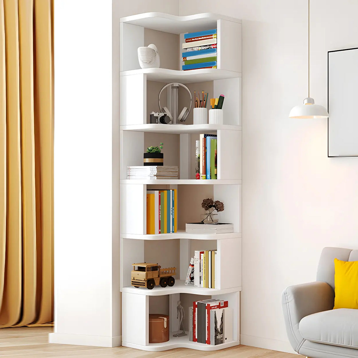 Modern Vertical Open Shelves Wood Corner Bookcase Image - 13