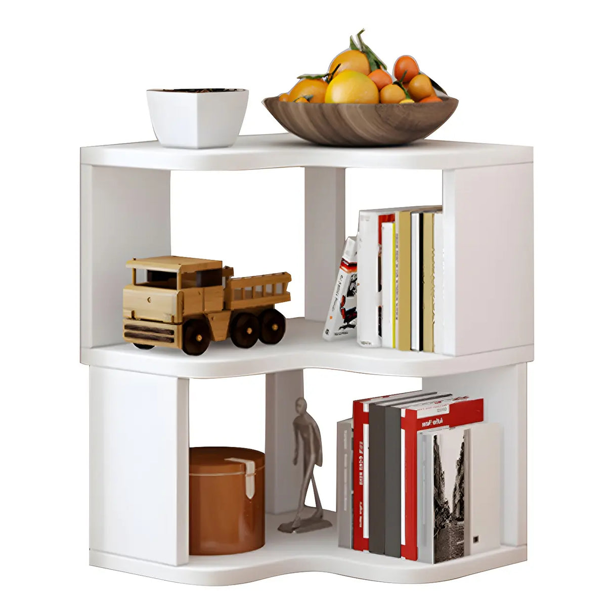 Modern Vertical Open Shelves Wood Corner Bookcase Image - 14