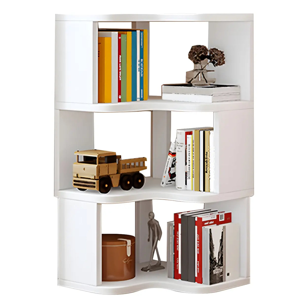 Modern Vertical Open Shelves Wood Corner Bookcase Image - 15