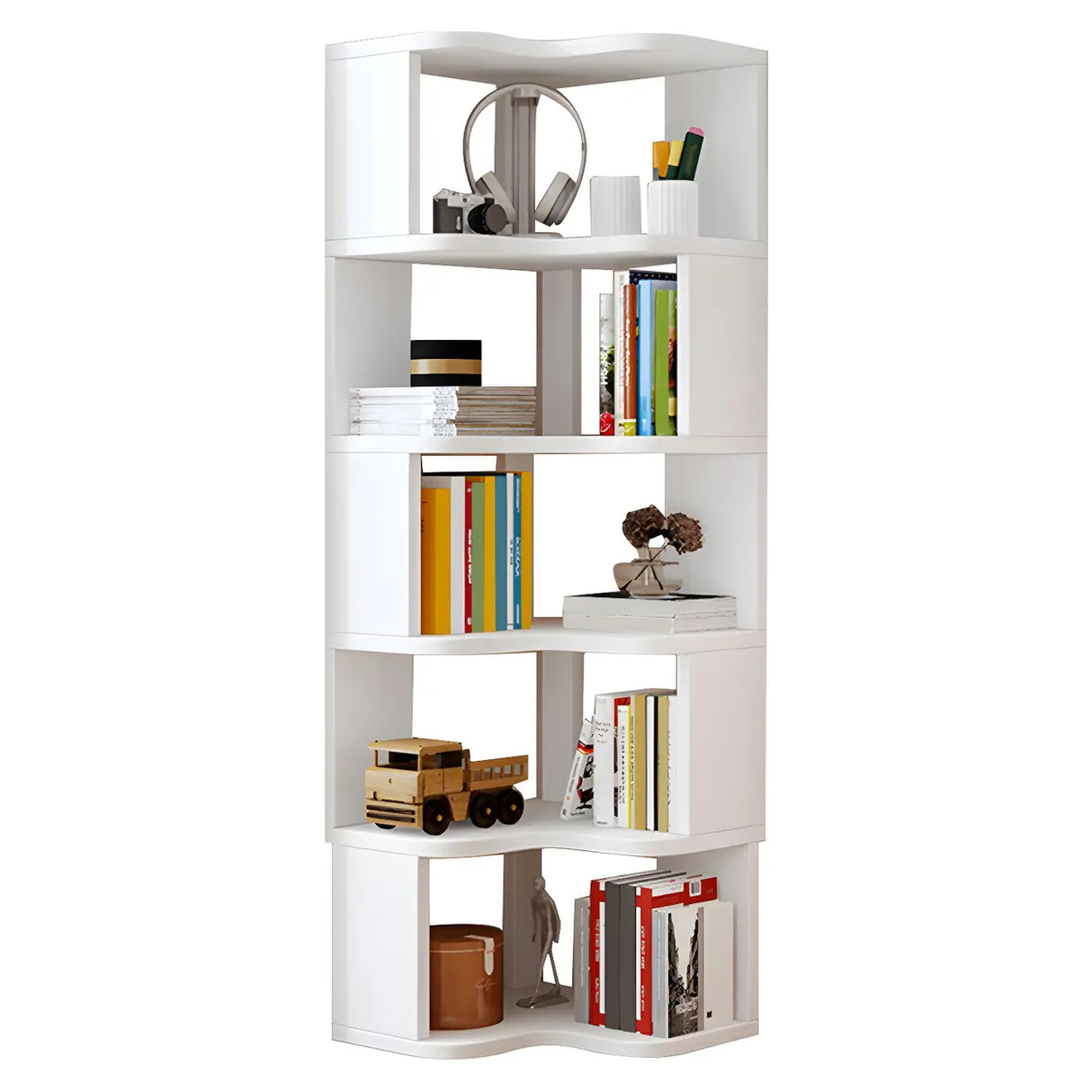 Modern Vertical Open Shelves Wood Corner Bookcase Image - 16