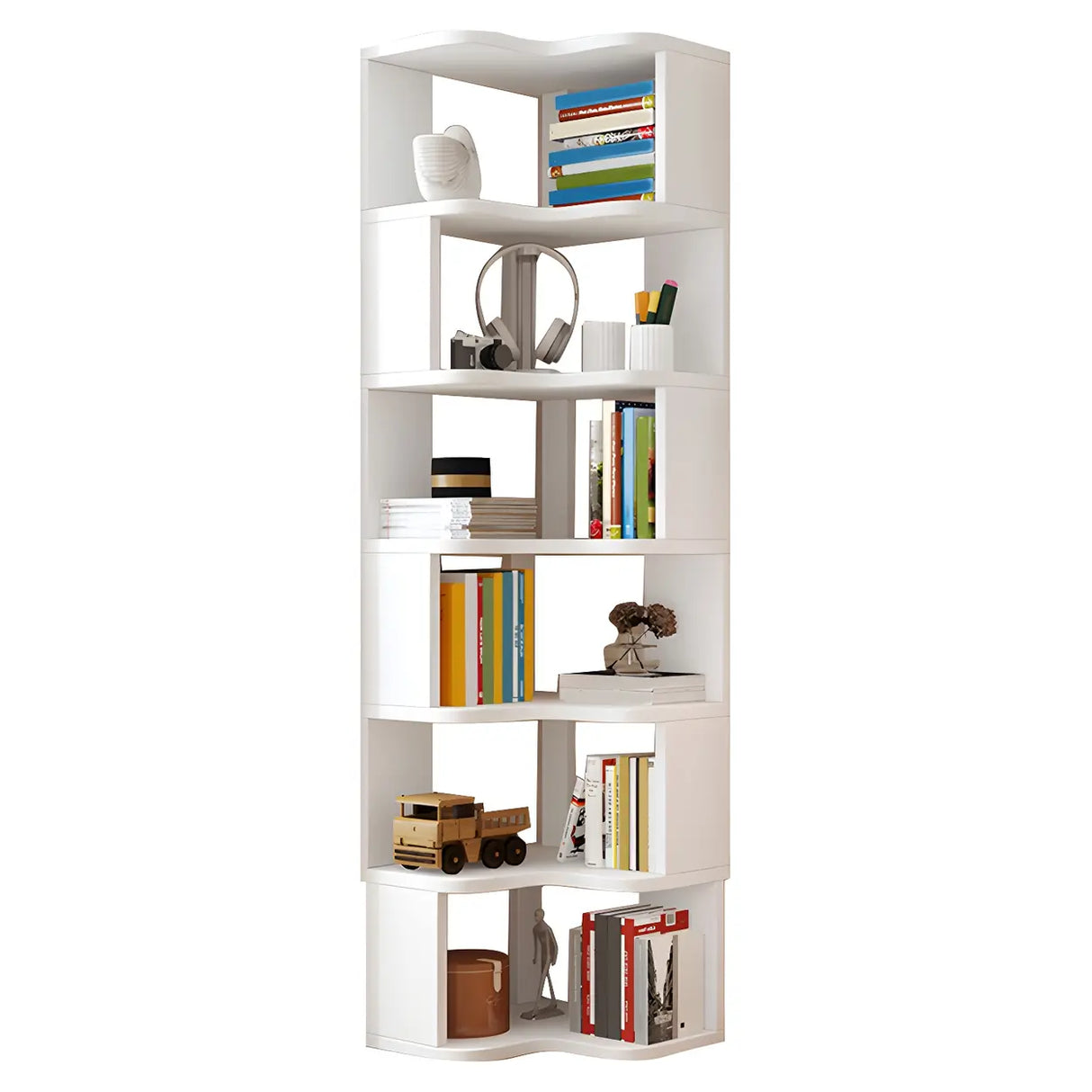 Modern Vertical Open Shelves Wood Corner Bookcase Image - 17