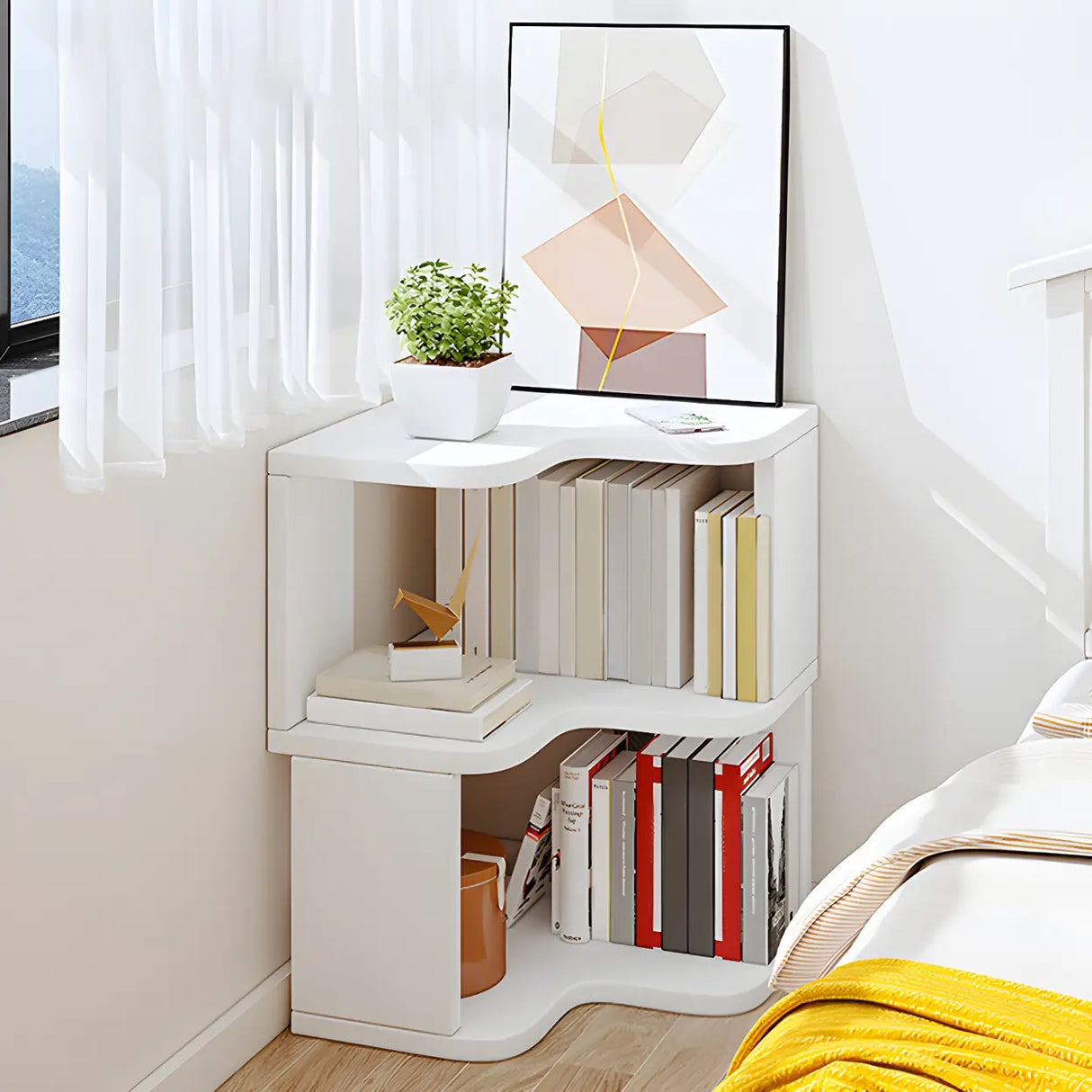 Modern Vertical Open Shelves Wood Corner Bookcase Image - 1