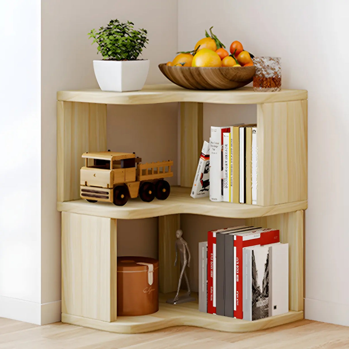 Modern Vertical Open Shelves Wood Corner Bookcase Image - 2