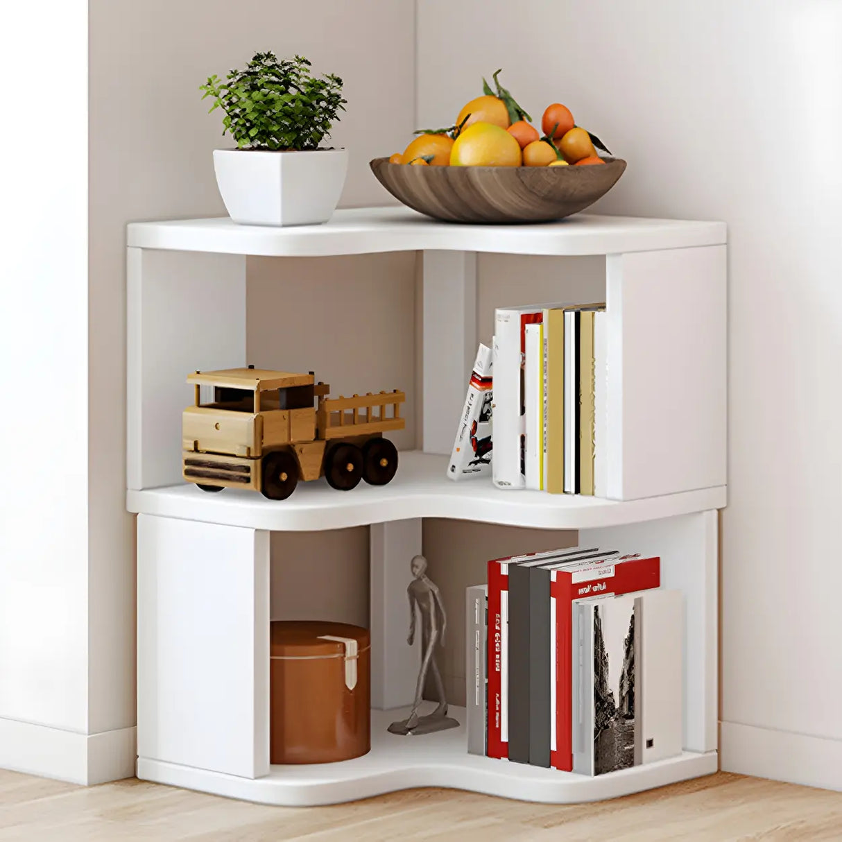 Modern Vertical Open Shelves Wood Corner Bookcase Image - 3